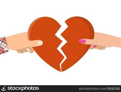 Man and female holding two halves of broken heart. Breakup heart concept. Unhappy love, conflict. vector illustration in flat style. Man and female holding two halves of broken heart