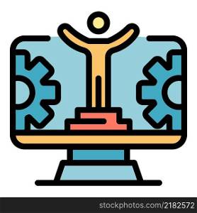 Man and gears on the screen icon. Outline man and gears on the screen vector icon color flat isolated. Man and gears on the screen icon color outline vector