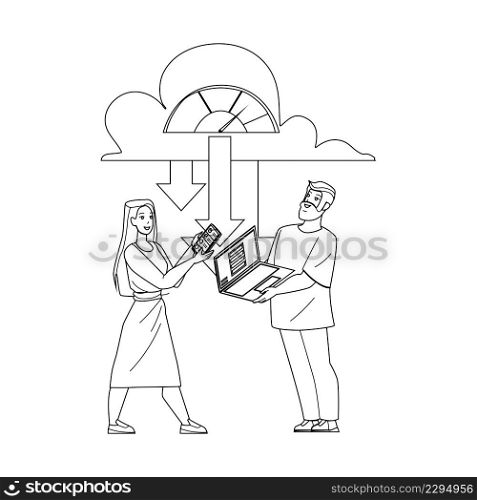 Man And Girl Downloading From Cloud Storage Black Line Pencil Drawing Vector. Users Download Media Files And Digital Documentation From Cloud On Laptop And Smartphone Electronic Device. Characters. Man And Girl Downloading From Cloud Storage Vector