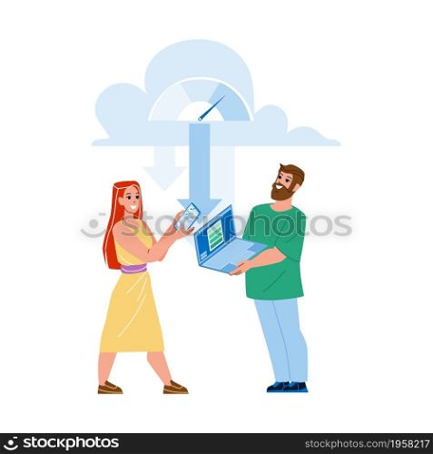 Man And Girl Downloading From Cloud Storage Vector. Users Download Media Files And Digital Documentation From Cloud On Laptop And Smartphone Electronic Device. Characters Flat Cartoon Illustration. Man And Girl Downloading From Cloud Storage Vector