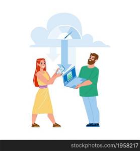 Man And Girl Downloading From Cloud Storage Vector. Users Download Media Files And Digital Documentation From Cloud On Laptop And Smartphone Electronic Device. Characters Flat Cartoon Illustration. Man And Girl Downloading From Cloud Storage Vector