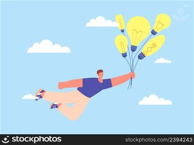 Man and ideas metaphor. Business problem solution. Dreaming person with many ideas. Creator or dreamer, guy flying on lamp bulbs balloons in sky, vector concept. Illustration of man with light bulb. Man and ideas metaphor. Business problem solution. Dreaming person with many ideas. Creator or dreamer, guy flying on lamp bulbs balloons in sky, vector concept