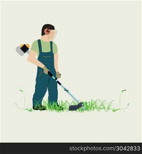 Man and lawn mower. A man with a trimmer cuts grass on a white background. A man in overalls cuts grass with a trimmer. Worker cutting grass in garden with the weed trimmer.