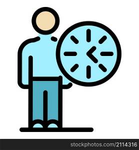 Man and round clock icon. Outline man and round clock vector icon color flat isolated. Man and round clock icon color outline vector