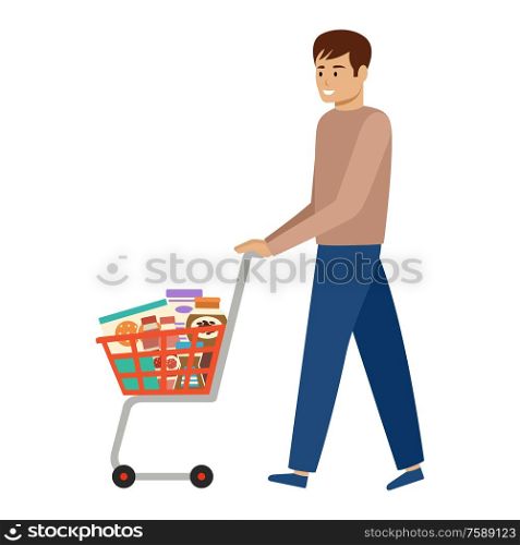 Man and shopping cart with products. Health food. Supermarket trolley. Vector illustration