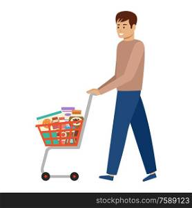 Man and shopping cart with products. Health food. Supermarket trolley. Vector illustration