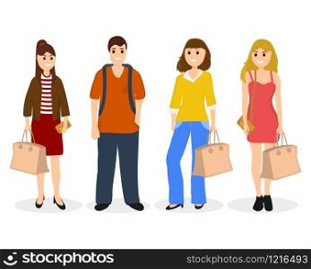 Man and three women with bags and backpack vector. Man and three women with bags and backpack