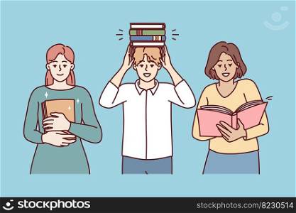 Man and two women students with books from library preparing for exams for university entrance. Set high school pupil people or teachers with textbooks for educational concept. Flat vector image. Man and women students with books from library preparing for exams in university. Vector image