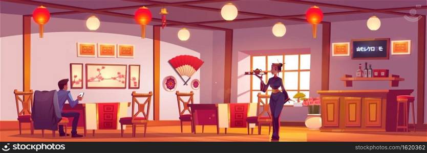 Man and waitress in chinese or japanese restaurant. Vector cartoon illustration of customer and girl in kimono with tea in china cafe interior with wooden furniture, red asian lanterns and fan on wall. Man and waitress in chinese or japanese restaurant
