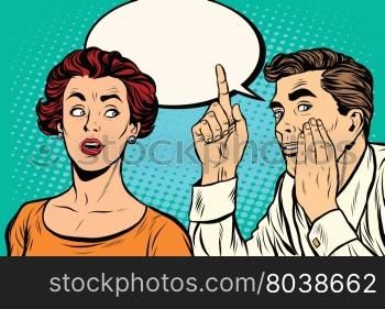 Man and woman a secret hearing gossip pop art retro vector realistic hand drawing illustration. The man whispers to the girl ear. Man and woman a secret hearing gossip