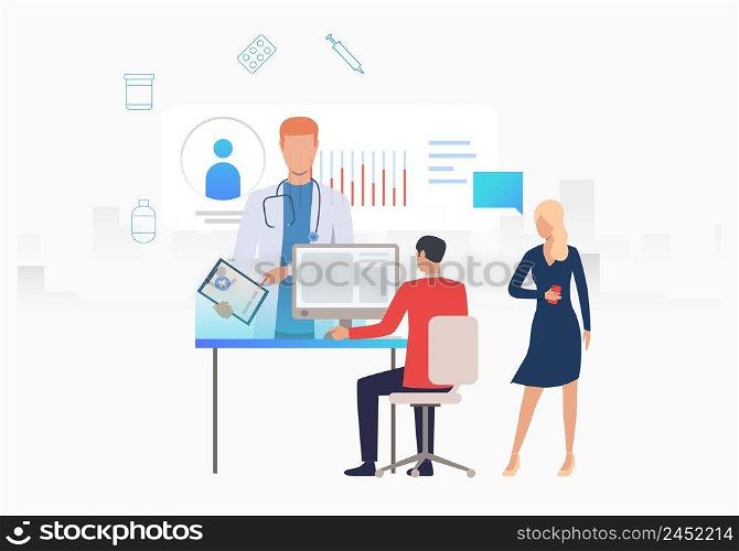 Man and woman accessing medical website vector illustration. Medical service, electronic medical card, healthcare app. Medical app concept. Creative design for layouts, web pages, banners