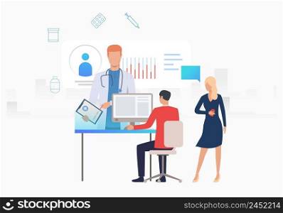 Man and woman accessing medical website vector illustration. Medical service, electronic medical card, healthcare app. Medical app concept. Creative design for layouts, web pages, banners