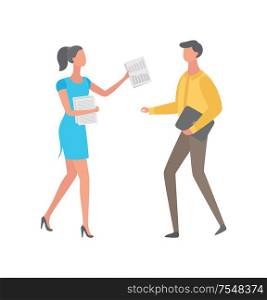 Man and woman achieving business excellence. Manager with list of paper in hands and man in yellow shirt with briefcase in hands vector cartoon people isolated. Man and Woman Achieving Business Excellence People