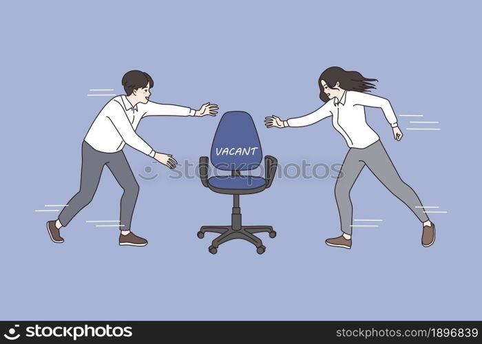 Man and woman applicants compete for vacant position in office. Motivated job candidates fight for work vacancy. Rivalry, competition. Employment and hiring concept. Flat vector illustration. . Man and woman compete for office vacant position