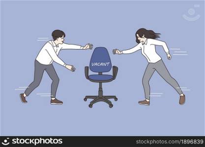 Man and woman applicants compete for vacant position in office. Motivated job candidates fight for work vacancy. Rivalry, competition. Employment and hiring concept. Flat vector illustration. . Man and woman compete for office vacant position