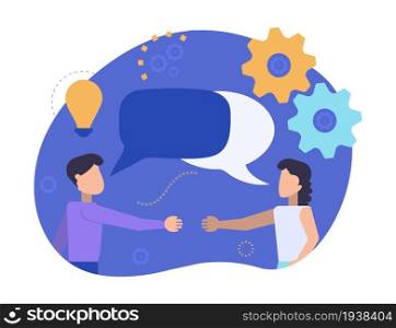 Man and woman are meeting each other to shake hands. Partners communicate and talking. Businessmen discuss, news, social networks, chat, dialogue speech bubbles. Vector illustration of the characters.. Man and woman are meeting each other to shake hands. Partners communicate and talking. Businessmen discuss, news, social networks, chat, dialogue speech bubbles. Vector illustration of the characters