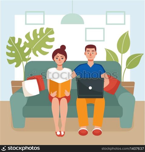 Man and woman are sitting on a couch. She is reading a book, he is working on a laptop. Concept of quarantine, home activity, covid 19 prevention.Time with family.Flat cartoon vector illustration