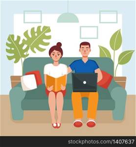Man and woman are sitting on a couch. She is reading a book, he is working on a laptop. Concept of quarantine, home activity, covid 19 prevention.Time with family.Flat cartoon vector illustration