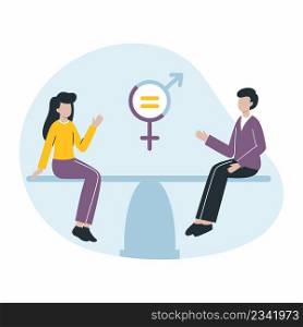 Man and woman are sitting on scale. Concept of gender equality. Feminism and sexual decriminalization.