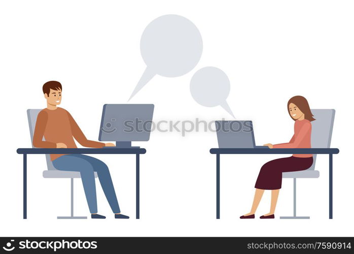 Man and woman are texting at work. Working correspondence. General chat. Vector flat illustration.