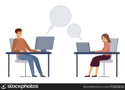 Man and woman are texting at work. Working correspondence. General chat. Vector flat illustration.