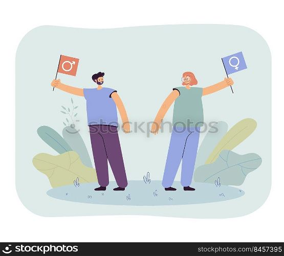 Man and woman arguing vector illustration. Male and female characters fighting for their rights, misunderstanding each other. Gender equality concept for banner, website design, landing web page