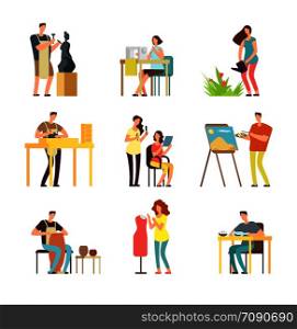 Man and woman artists in art design field. Sculptor, artist, florist. Vector cartoon people set isolated fashion designer and potter, florist and sculptor profession illustration. Man and woman artists in art design field. Sculptor, artist, florist. Vector cartoon people set isolated