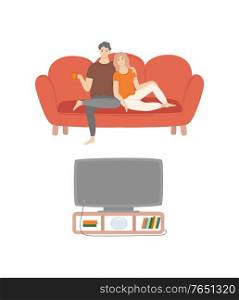 Man and woman at home vector, romantic evening of couple, pair sitting on sofa furniture cuddling and looking at screen. Romance, watching movies. Couple Romantic Evening by Watching TV Movies