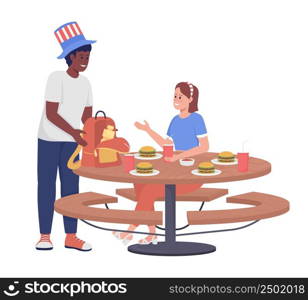Man and woman at picnic semi flat color vector characters. Posing figures. Full body people on white. July fourth holiday simple cartoon style illustration for web graphic design and animation. Man and woman at picnic semi flat color vector characters