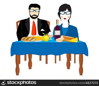 Man and woman at the table. Man and woman sit for covered by table on white background