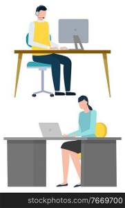 Man and woman at work working on laptops vector, character sitting by wooden table. Workspace of people, male and female in teamwork business illustration in flat style design for web, print. Workplace People Working on Laptops and Computers