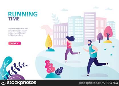 Man and woman athletes running in park. Love couple doing sports together. Con?ept of healthy lifestyle and healthcare. Jogging workout and activity outdoor. Landing page template. Vector illustration. Man and woman athletes running in park. Love couple doing sports together. Con?ept of healthy lifestyle and healthcare. Jogging workout and activity outdoor