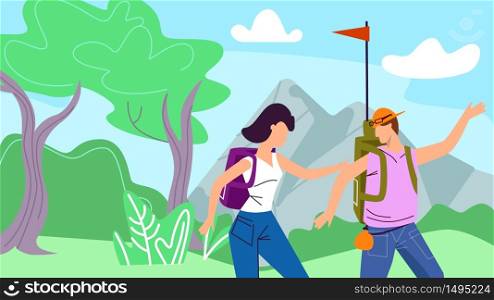 Man and Woman Backpackers with Flag Deciding what Way to Choose, Enjoying Nature View, Travelers Hiking on Adventure Vacation. Tourists Walking Route Outdoors, Sport Cartoon Flat Vector Illustration. Man and Woman Backpackers with Flag Hiking Nature