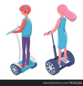 Man and woman balancing on segway, urban transport, back view of people in casual clothes on electric wheels, modern equipment, eco technology vector. People Driving on Electric Transport Segway Vector