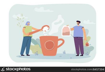 Man and woman brewing huge cup of tea. Flat vector illustration. Huge cup of boiling water, girl putting sugar in spoon and man putting tea bag in cup. Tea drinking, tradition, teamwork concept