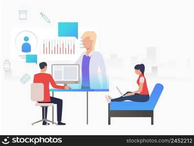 Man and woman browsing internet for medical website vector illustration. Medical service, electronic medical card, healthcare app. Medical app concept. Creative design for layouts, web pages, banners