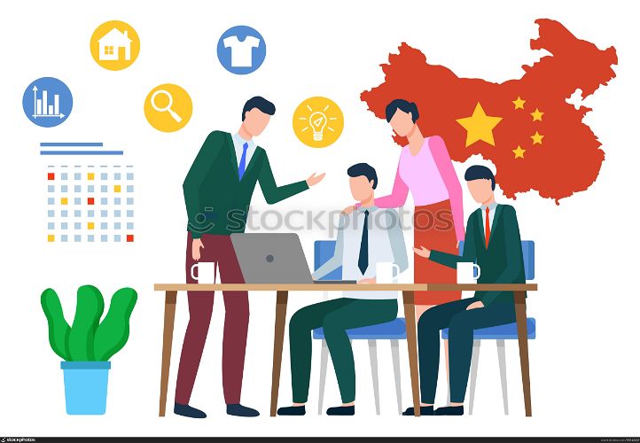 Man and woman business conference and searching in laptop. China flag and calendar symbols, chart and creative idea icon. Employee international collaboration and communicating with computer vector. Business with China International Meeting Vector