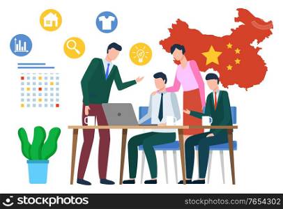 Man and woman business conference and searching in laptop. China flag and calendar symbols, chart and creative idea icon. Employee international collaboration and communicating with computer vector. Business with China International Meeting Vector