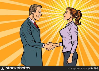 man and woman businessman handshake. Pop art retro vector illustration vintage kitsch 50s 60s. man and woman businessman handshake