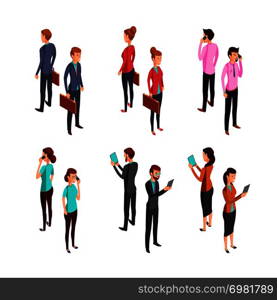 Man and woman businessman. Isometric 3d standing young female and male office persons. Vector characters isometric, young people illustration. Man and woman businessman. Isometric 3d standing young female and male office persons. Vector characters set