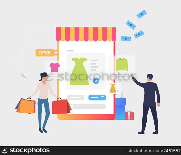 Man and woman buying clothes online. Application, offer, advertisement concept. Can be used for topics like sale, shopping, marketing. Man and woman buying clothes online