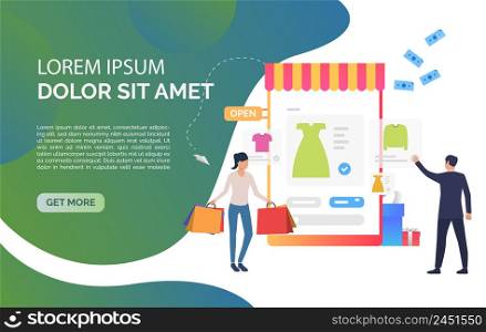 Man and woman buying clothes online with sample text. Application, offer, advertisement concept, presentation slide template. Can be used for topics like sale, shopping, marketing. Man and woman buying clothes online with sample text