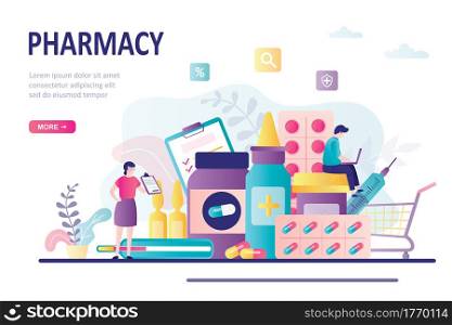 Man and woman buying medications. Online pharmacy site design. Healthcare,drugstore concept. Different collection drugs, pills and bottles. Business characters in trendy style.Flat vector illustration. Man and woman buying medications. Online pharmacy site design. Healthcare,drugstore concept