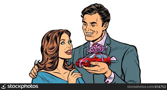 man and woman, car gift. isolate on white background. Pop art retro vector illustration drawing kitsch vintage. man and woman, car gift. isolate on white background