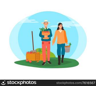Man and woman carrying basket with veggies vector, container with harvested carrots, people working on field with vegetables and fruits growing isolated. Farmers Harvesting, Man and Woman Working on Field
