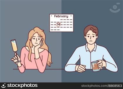 Man and woman celebrate February 14 alone due to absence of second half. Unhappy guy and girl are sad sitting at table because of separation on Valentine Day. Flat vector illustration. Man and woman celebrate Valentine Day February 14 alone due to absence of second half. Vector image