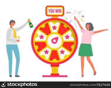 Man and woman celebrating victory in casino vector, isolated couple with champaign bottle and roulette. Dollars and confetti, lucky day for gamblers. Family win money in slot mashine. Flat cartoon. Fortune Wheel People Celebrating Victory Vector