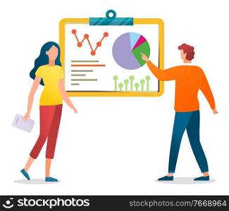 Man and woman character discussing diagram report on board isolated on white. Workers cooperation for graphical analysis and growth plan. Research of business statistics and finance control vector. Business Statistic and Diagram Report Vector