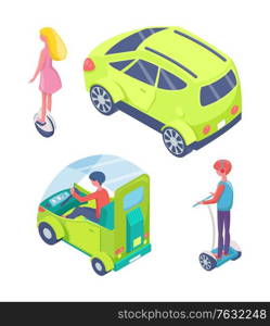 Man and woman characters balancing on unicycle, driver sitting in car, electro automobile isolated on white, urban eco transport set vector. People Driving Car, Segway and Unicycle Vector