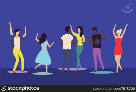 Man and woman characters dancing in nightclub, back and portrait view of moving male and female on dance floor, flat design style of young people vector. People Moving on Dance Floor, Nightclub Vector